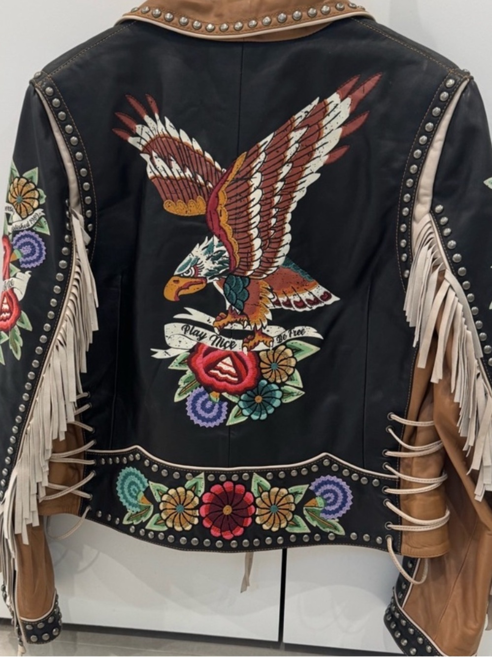 Double D Ranch Running on Empty leather biker jacket embroidered studs RTL $1395 - Picture 9 of 10